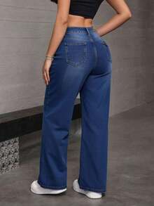 Jeans rectos de mezclilla azul oscuro efecto levantador de glúteos elásticos sueltos - Azul - Ver 5