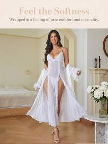 2-Piece Sexy Lingerie Sleepwear Set For Women – Includes Lace V-Neck Chemise Nightdress And Matching Panties, Sheer Mesh Nightwear With Side Split, Enhances Feminine Charm, Perfect For Daily Wear, Romantic Nights - trắng - Xem 2