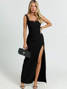 Vestido mujer verano tirantes ajustado elegante con abertura estilo europeo  moda - Negro - Ver 3