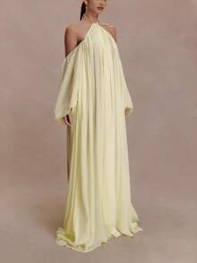 Vestido vacacional de cuello halter, manga larga, corte holgado y falda amplia fluida, estilo europeo y americano - Amarillo - Ver 3