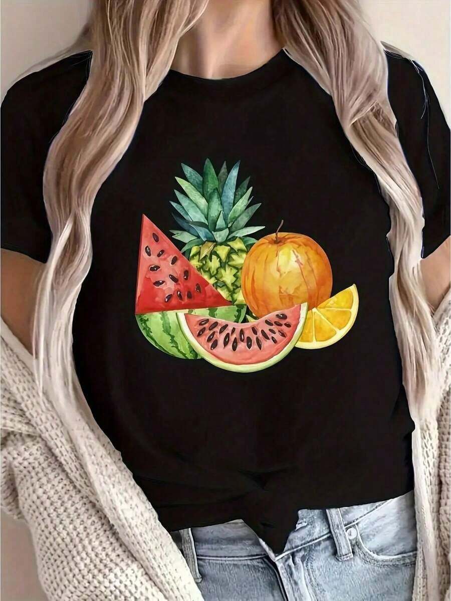 Women's Casual T-Shirt With Tropical Fruit Print - Watermelon, Pineapple, And Mango Design - Black Background - Casual Outfit For Summer Beach Parties - Loose Fit For Everyday Wear - Lightweight Women's T-Shirt - 100% Cotton - Durable - 黑色 - 查看 1