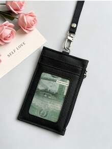 Tarjetero de piel sintética PU con múltiples ranuras para tarjetas, cordón y monedero con cremallera, estuche para tarjeta de identificación de estudiante/trabajo unisex - Multicolor - Ver 13