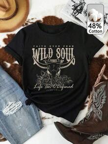 Women's Fitted Short-Sleeved Crew Neck T-Shirt With Bull Head Print, Suitable For Summer - Casual Cotton Street Style - 黑色 - 查看 6