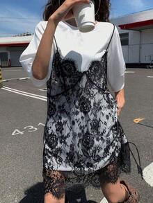 Vestido de mujer con parches de encaje sin mangas 2 en 1 con mangas cortas, vestidos de verano para mujeres - Blanco y Negro 2 - Ver 4