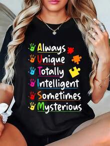 Women's Autism Awareness T-Shirt - Puzzle And Handprint Design "Always Unique, Completely Intelligent" - Casual Crew Neck T-Shirt, Machine Washable Autism Clothing For Parents And Teachers - 黑色 - 查看 1
