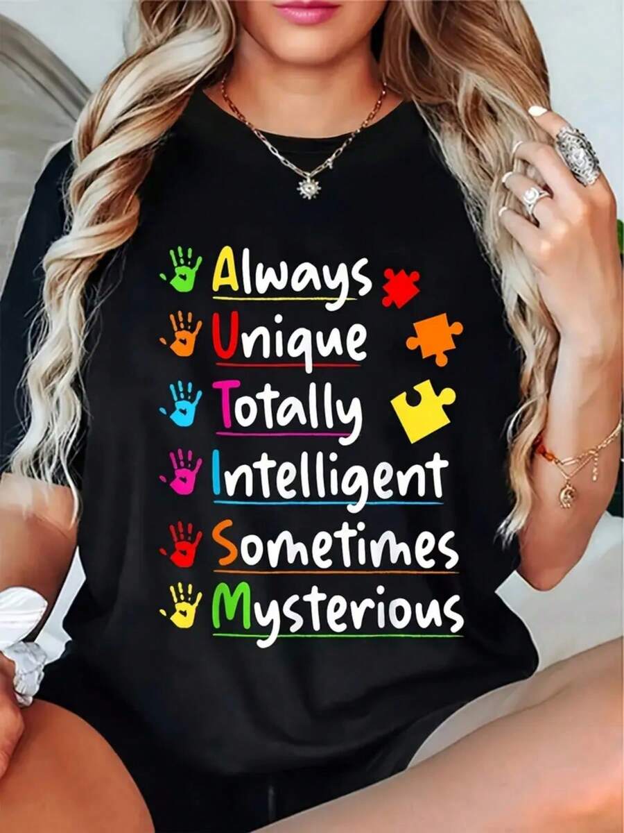 Women's Autism Awareness T-Shirt - Puzzle And Handprint Design "Always Unique, Completely Intelligent" - Casual Crew Neck T-Shirt, Machine Washable Autism Clothing For Parents And Teachers - 黑色 - 查看 1