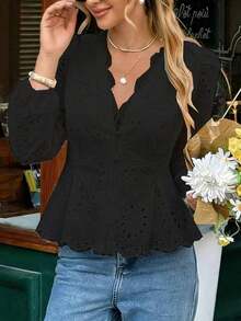 Blusa negra bordada con ribete de encaje, botón de seta, cintura fruncida, forrada, manga larga con puño elástico, versátil para uso diario, casual, apropiada para trabajo, playa, vacaciones, primavera/verano/otoño - Negro - Ver 3