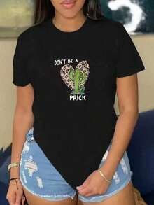 SimpieAndVersatileDesignCamiseta casual con estampado de letras de corazón con estampado de leopardo de cactus para mujer Camiseta holgada informal para mujer con estampado de cactus y leopardo con corazones Camisetas de MujerCottonT-Shirt - Negro - Ver 6