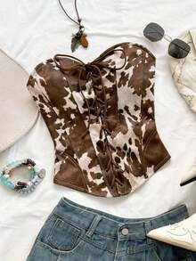 Top corto de suede sexy con lazo, remaches y diseño deconstructivo, adecuado para vacaciones, citas, té de la tarde, vacaciones, festivales de música, estilo bohemio, cruceros, playa, verano - Multicolor 2 - Ver 6