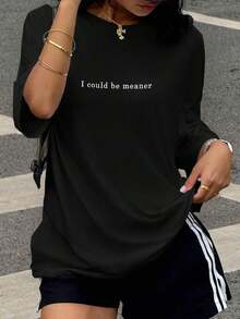 Camiseta casual de uso diario versátil con cuello redondo y estampado de eslogan para mujer de talla grande - Negro - Ver 3