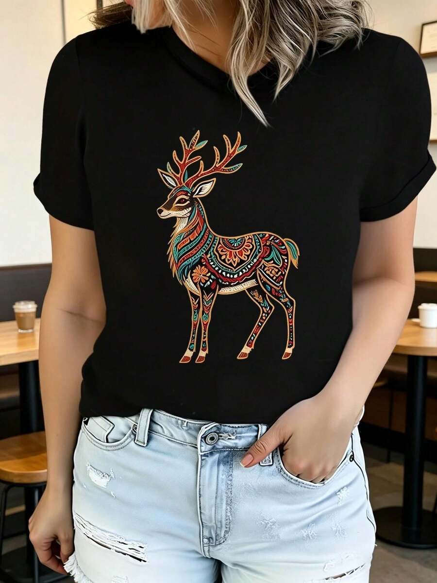 Women's Soft Printed Short Sleeve Summer T-Shirt With Eagle Design, Stylish And Casual, Machine Washable, Comfortable Fit, 2D Flat Print, Elegant Blouses For Women. - 黑色3 - 查看 1