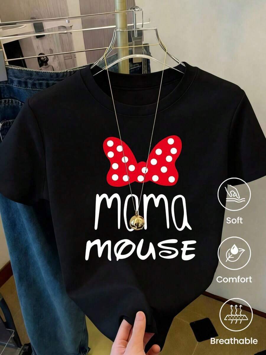 180g Made In Mexico, Spring/Summer 2026 Fashion Short Sleeve T-Shirt, Cartoon Print, Couple Style, Underwear/Outerwear, Casual Round Neck For Office, Unisex One Piece Top - 黑色 - 查看 1