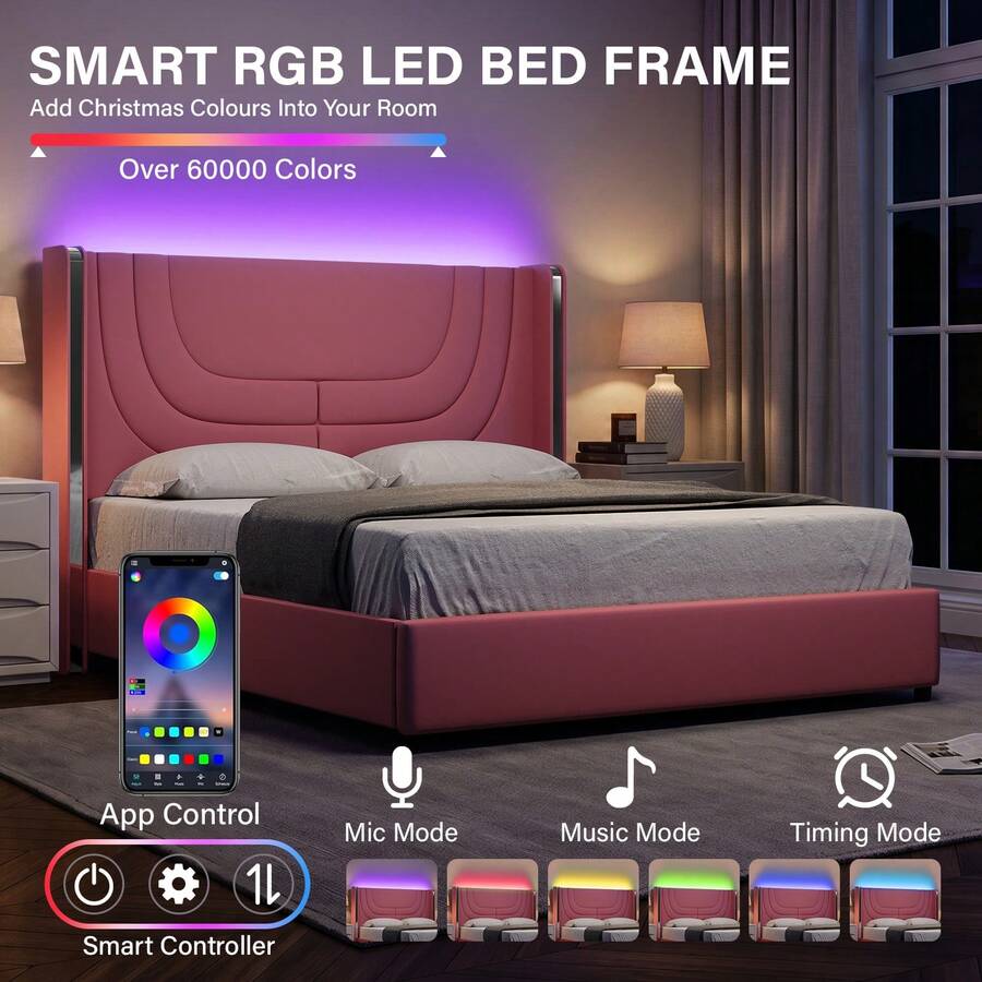 Modern LED Upholstered Bed Frame With Wooden Headboard – Soft PU Leather & Platform Design, Easy Assembly, Perfect For Bedroom, Twin Bed Frame/ Full Bed Frame/ Queen Bed Frame, Black/Pink/Beige (USB LED Strip) - Màu Hồng baby - Xem 1