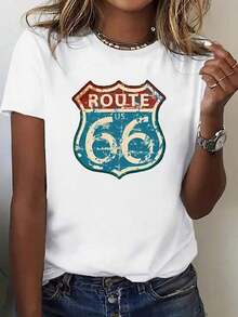 Women's Fashion Casual Sport T-Shirt, Fashionable Cartoon "Route US 66" English Letter Graphic Print -Lined Crew Neck Short Sleeve T-Shirt, Comfortable Short Sleeve Tee, Crew Neck Sport T-Shirt Suitable For All Seasons |   Relaxed Fit |   Plus Size Blouses For Women Shirt - 白色 - 查看 7