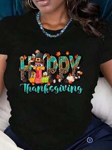 Women's Short-Sleeved T-Shirt With A Leopard Print, Autumn Leaf And Pumpkin Design, And A Turkey-Themed Pilgrim Hat For Thanksgiving. Casual Festival Wear Made Of Comfortable Fabric, Perfect As A Gift. - 黑色 - 查看 1