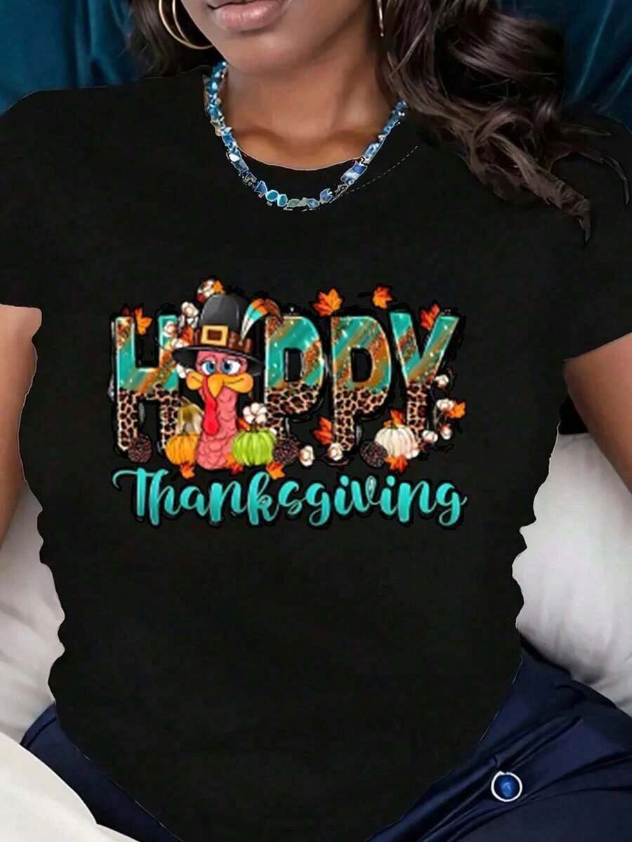 Women's Short-Sleeved T-Shirt With A Leopard Print, Autumn Leaf And Pumpkin Design, And A Turkey-Themed Pilgrim Hat For Thanksgiving. Casual Festival Wear Made Of Comfortable Fabric, Perfect As A Gift. - 黑色 - 查看 1