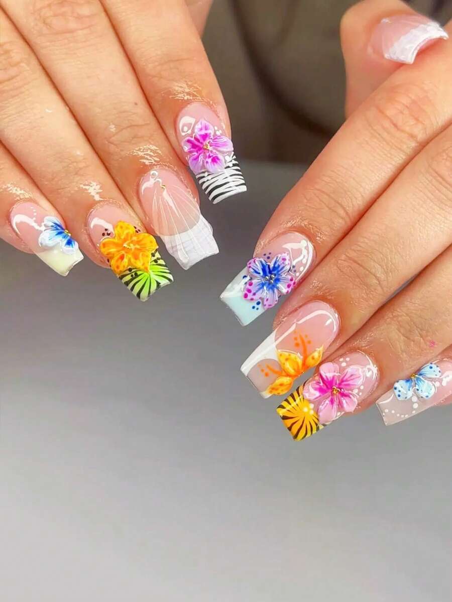 24 móng giả dài hình quan tài 3D họa tiết hoa nhiệt đới, kèm gel dẻo và dũa móng, chất liệu Dopamine, họa tiết da báo chuyển màu kiểu Pháp. - Nhiều màu - Xem 1