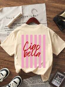 Nueva llegada de verano: Camiseta casual de manga corta con cuello redondo y estampado de letras, estilo sencillo y moderno, versátil para uso diario, para mujer, color negro, estilo vintage urbano, unisex, holgada, de algodón. blusas.blusas casuales para dama. - Albaricoque - Ver 2