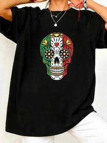 Diseño Simple y Versátil, Camiseta de Manga Corta Casual de Verano para Mujer con Estampado de Calavera Mexicana y Bandera del Cinco de Mayo, Camiseta Deportiva de Algodón - Negro - Ver 1