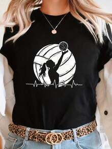 Women's Breathable Short Sleeve Crew Neck Casual T-Shirt - Volleyball T-Shirt - Black And White Graphic Volleyball T-Shirt With Player In Action Design - For Volleyball Matches And Casual Wear - Spring/Summer/Autumn Top - Volleyball Clothing, Blouse, Shirt > Beautiful. - 黑色 - 查看 7