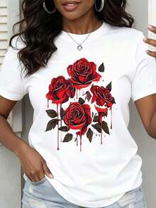 Women's Round Neck T-Shirt For Valentine's Day, With Red Rose Print, Casual Style For Everyday Wear And Romantic Occasions - Urban Vintage Style, Unisex, Cotton, Short Sleeve, Round Neck. - 白色 - 查看 6