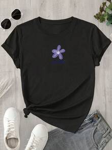 Camiseta con estampado gráfico, manga corta y cuello redondo, top casual para verano y primavera, ropa de mujer - Negro - Ver 4