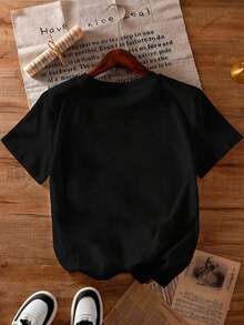 Fashion Printed T-Shirts For Women, Oversized Streetwear Tops, Comfortable And Stylish All-Match Summer Tees. Women's Short-Sleeved T-Shirt With Round Neck, Rainbow Apple Heart Graphic Print, Suitable For Spring, Summer And Autumn. - 黑色 - 查看 8