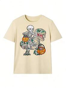 Halloween T-Shirt With Skeleton And Dinosaur Mummy, Fashionable Short-Sleeved T-Shirt For Spring And Summer 2026, Made In Mexico, 180 Grams. Cartoon Print, Couple Design, Suitable For Indoor Or Outdoor Wear. Crew Neck, Unisex, Ideal For Office And Leisure. One-Piece Pack. - APR-P631577SLNDXZGY564 - 查看 2