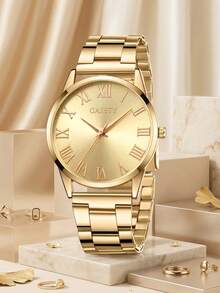 1pc Fashionable Elegant Minimalist Roman Numeral Retro Dial Women's Quartz Watch, Suitable For Daily Wear, Party Decoration Or As A Gift For Friends And Mothers On Occasions Like Valentine's Day, Mother's Day, Birthday, Anniversary - Gold - View 3