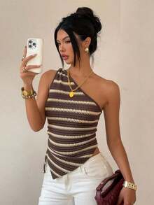 Blusa de mujer elegante y ajustada con parches de encaje y nudo retorcido de un solo hombro, color negro, top corto de carnaval, informal de verano, hombros descubiertos, espalda descubierta, para fiesta, festival de música - Marrón Mocha - Ver 9