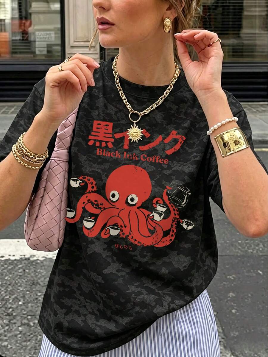 2026 Camiseta de manga corta con cuello redondo y lavado desgastado para mujer en verano, con estampado de pulpo, informal y cómoda, color negro - Negro - Ver 1