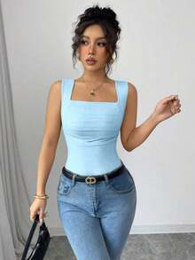 Camiseta sin mangas ajustada de cuello redondo con pliegues en color liso elegante y casual para mujer - Azul - Ver 4