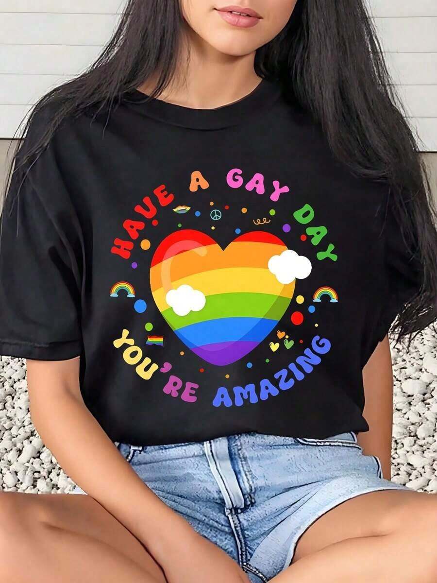 1 Piece Women's T-Shirt Rainbow Heart "Have A Gay Day You Re Amazing" Pride Month Everyday Wear Crew Neck Short Sleeve Soft Comfortable 220g/180g 100% Cotton - 黑色 - 查看 1