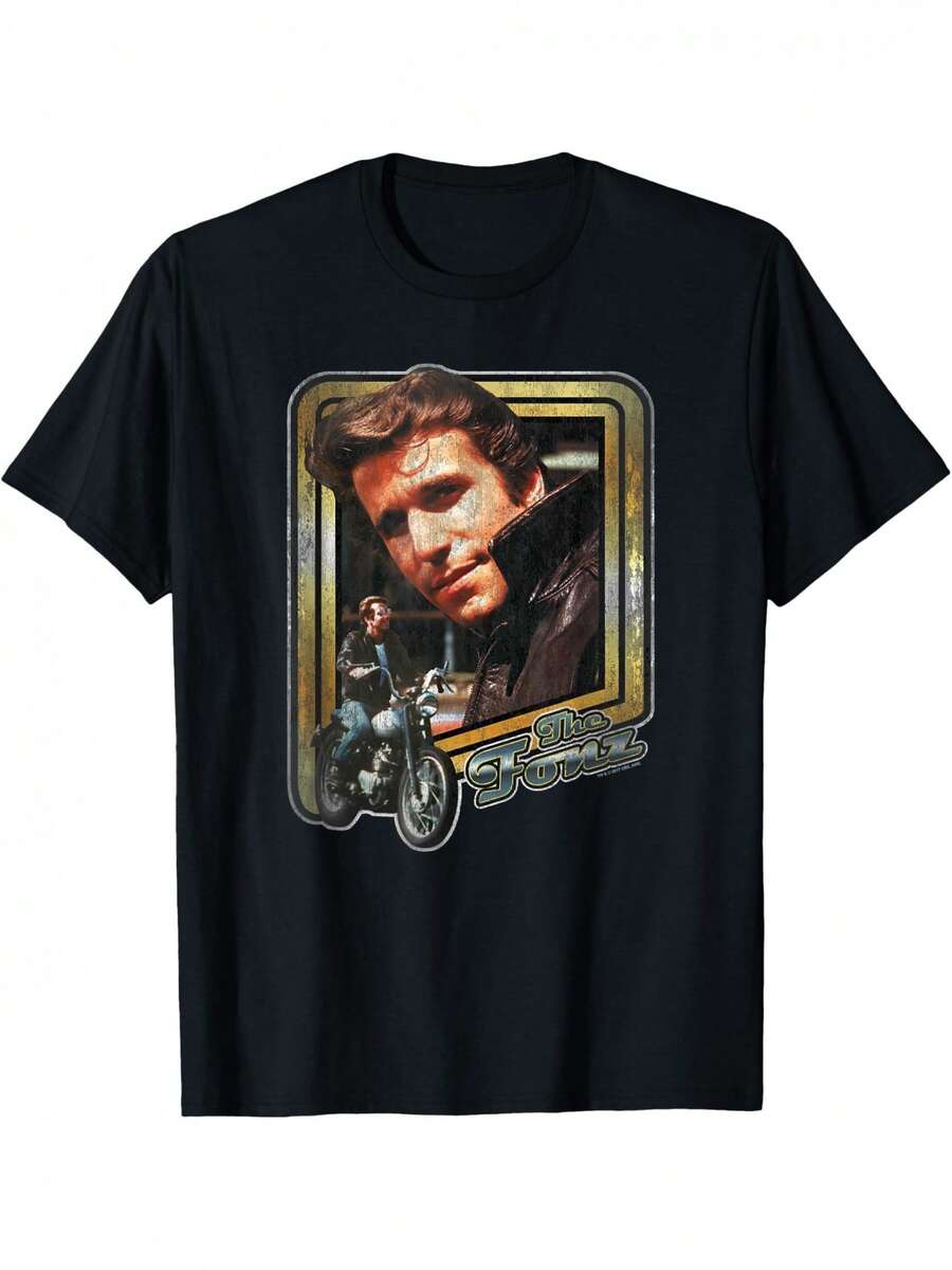 Vintage "Happy Days Fonz" T-Shirt - Iconic Biker T-Shirt With Fonz Signature Graphic, Loose Fit, Ideal Gift, Or Grandad - Nostalgic 80s TV Series Clothing For Parties And Casual Wear, A Short-Sleeved T-Shirt Suitable For Home, Daily Wear, Parties And Travel - Perfect As A Gift For Friends Or Family. - 黑色 - 查看 1