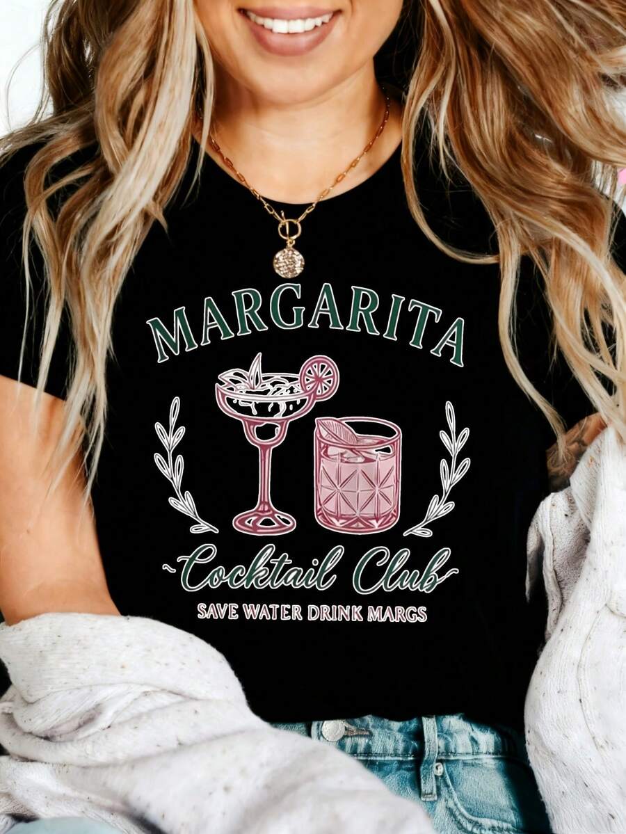 Margarita Cocktail Club Graphic T-Shirt, 100% Cotton Oversized Soft Breathable Casual Crewneck Short Sleeve Top, Summer Vibes Aesthetic Tee for Women & Cocktail Lovers