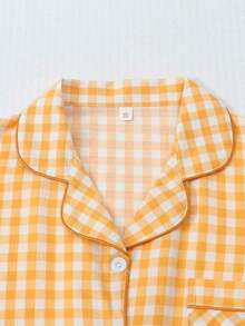 piezas de pijama con pantalón corto, de manga corta y estampado a cuadros para mujeres, ropa de estar por casa de verano - Naranja - Ver 3