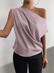 Blusa de satén con cuello asimétrico y hombro descubierto - Púrpura malva - Ver 4