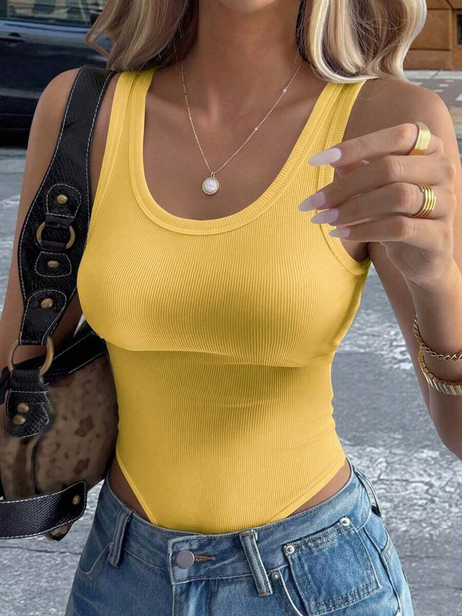 Mono de punto acanalado de unicolor minimalista para uso diario y casual de mujer, con cuello de pico ajustado y sin mangas - Amarillo - Ver 1