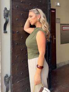 Top de tirantes casual con cuello plisado de unicolor para mujer, de verano - verde militar 2 - Ver 4