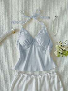 Top halter sin espalda con parches de lunares y encaje para mujer - Azul - Ver 8