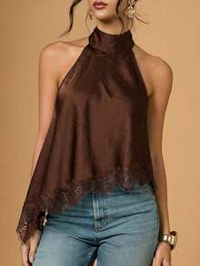 Blusa elegante de cuello halter con bajo asimétrico y encaje de contraste de unicolor para mujer - Marrón - Ver 5