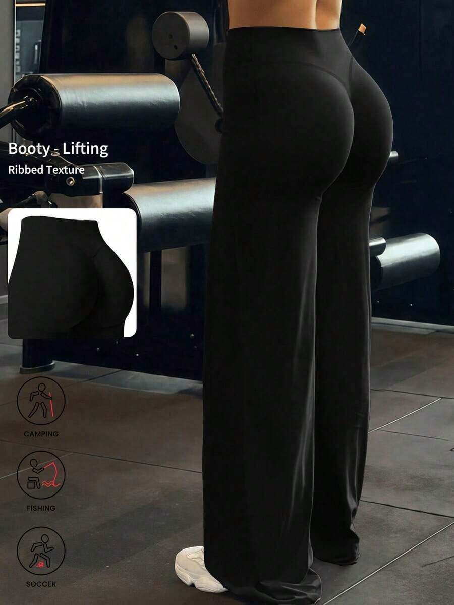 Estos pantalones anchos de yoga de unicolor son cómodos y estilizadores, adecuados para correr, hacer ejercicio y diversas actividades de yoga.Primavera - Negro 3 - Ver 1