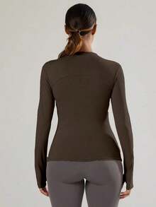 Chaqueta de manga larga para mujer con agujeros para el pulgar, 2 bolsillos, parte superior deportiva para correr y hacer ejercicio, color negro, primavera - Café integral - Ver 2