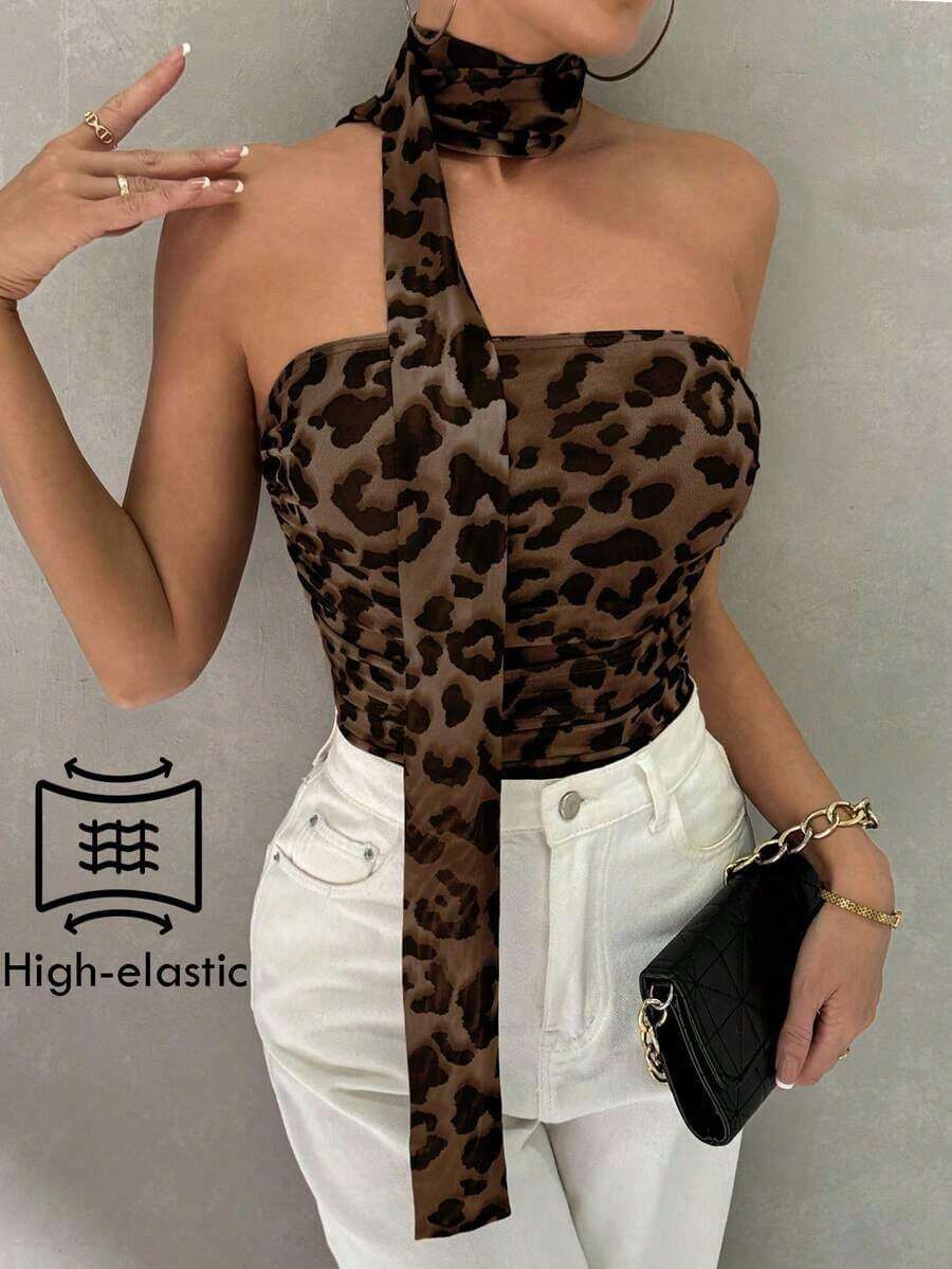 Top corto bandeaux con cuello de lazo y plisado con estampado de leopardo elegante de verano para mujer, para uso casual y festivales de música - Multicolor - Ver 1