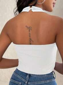 Top de tirantes de mujer de verano, de unicolor, acanalado, con cuello halter, slim y sexy - Blanco - Ver 2