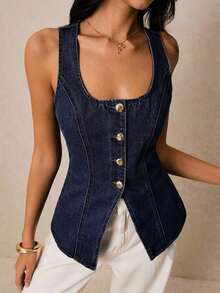 Blusa de mezclilla informal sin mangas de cuello cuadrado y abotonadura sencilla para mujer - Azul lavado oscuro 2 - Ver 8