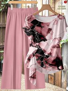 Conjunto de 2 piezas de estilo minimalista casual con camisa de mujer en color gris caqui con patrón floral abstracto de efecto dorado y lazo, y pantalones rectos holgados en color caqui, adecuado para primavera y verano, de estilo vintage - Multicolor 8 - Ver 1