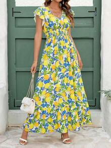 Vestido largo elegante de mujer con cintura fruncida y volantes, vestido de verano para vacaciones, vestido para citas - Multicolor 2 - Ver 1