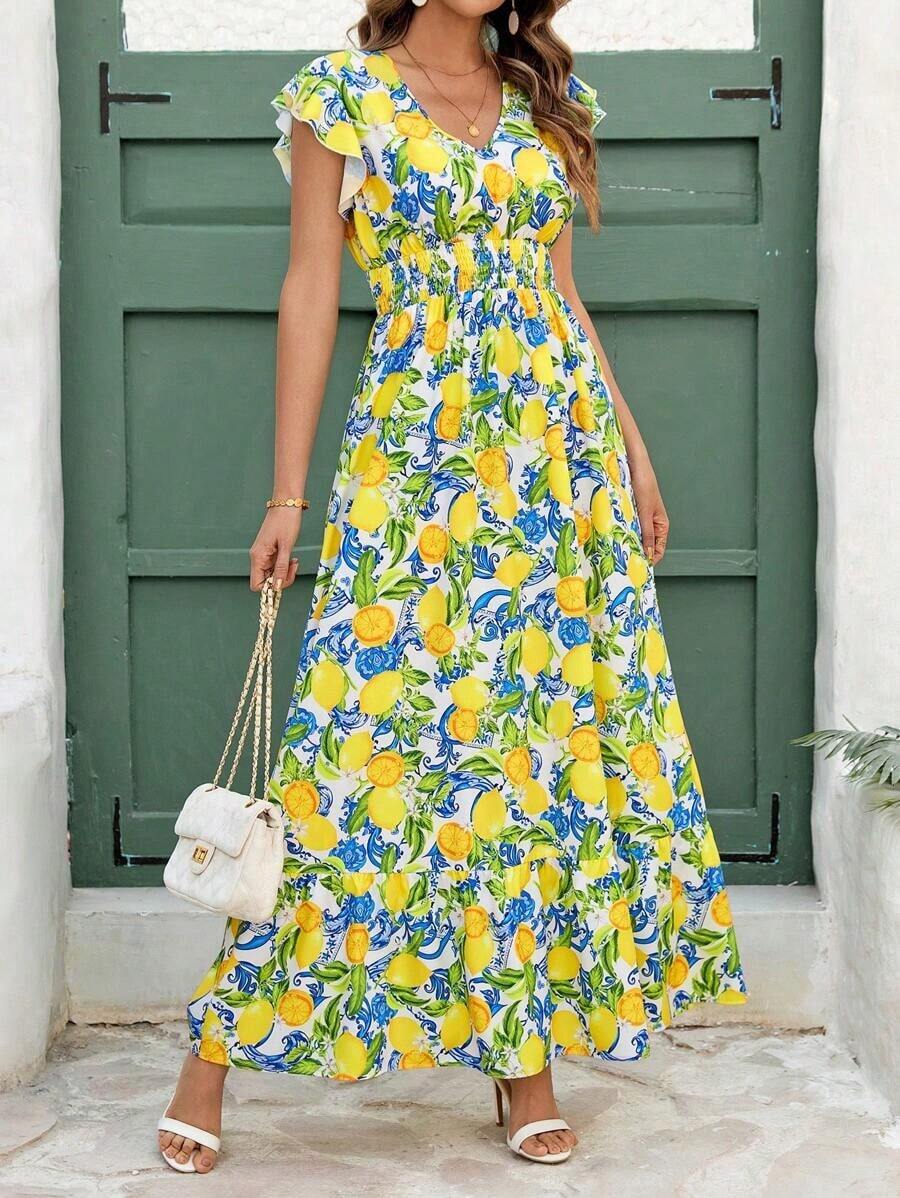 Vestido largo elegante de mujer con cintura fruncida y volantes, vestido de verano para vacaciones, vestido para citas - Multicolor 2 - Ver 1