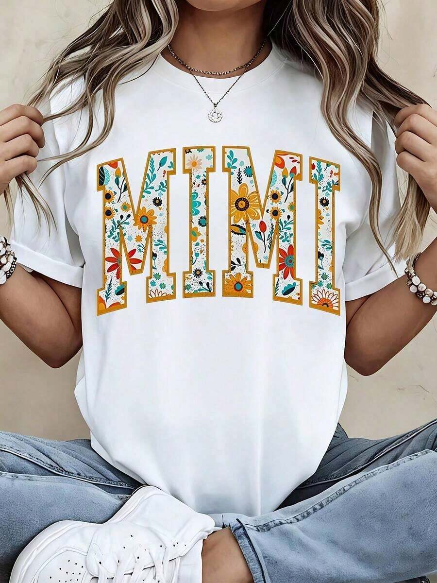 1 Piece Of Women's Round Neck T-Shirt With Floral Print Of The Letter Mimi, Short Sleeve, Casual Summer Style For Daily Wear, 180g, 100% Cotton. - 白色 - 查看 1